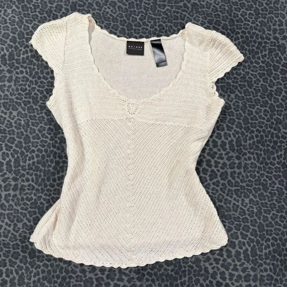 Axcess Women’s Cream Crochet Knit Cap Sleeve Top Size M Ramie Cotton Boho